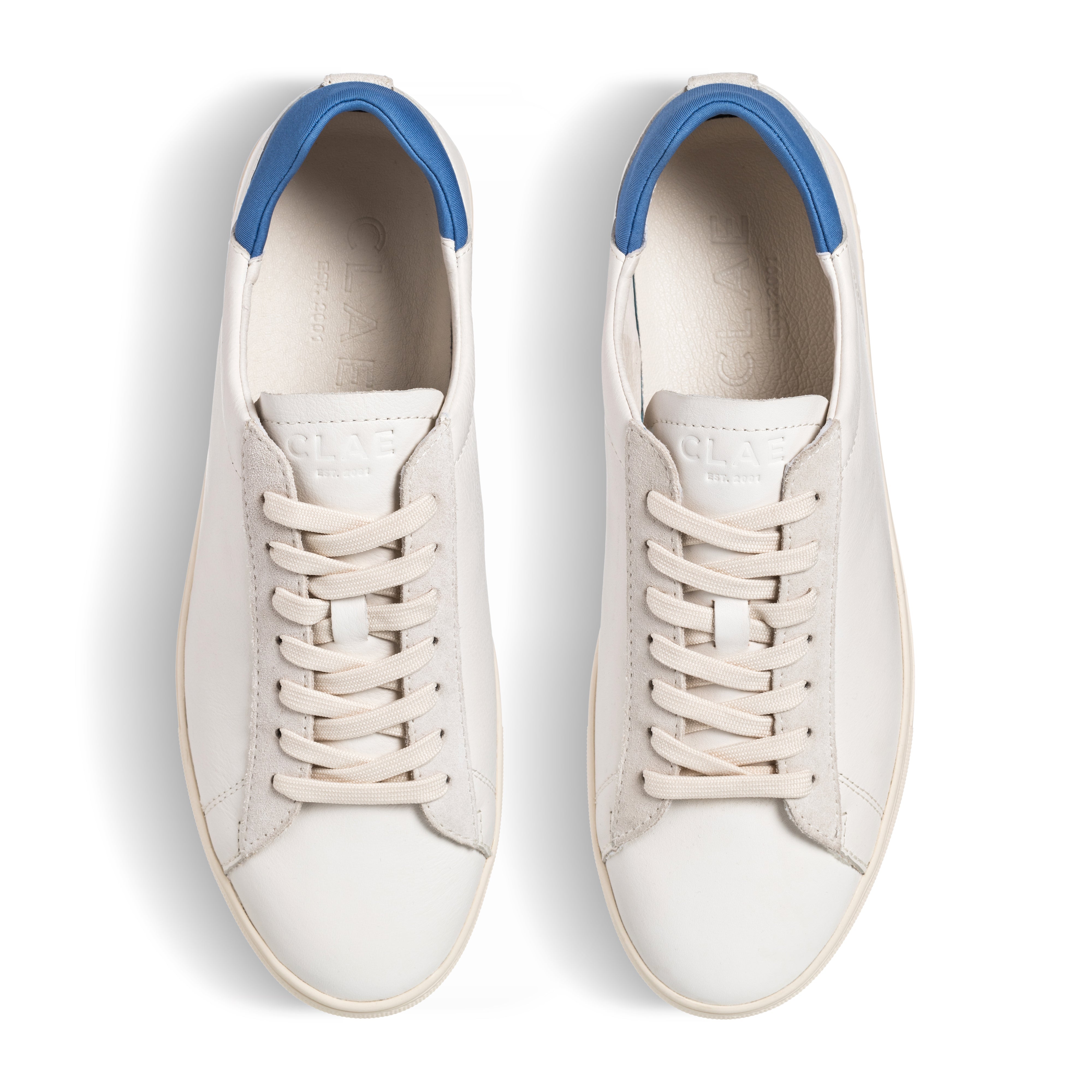 Top view of Bradley court shoe in White Pebble Blue, showing Italian leather, suede, and neoprene upper with lace details.