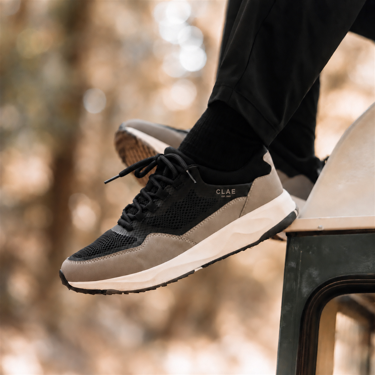 CLAE Milo Black Fallen Rock – lifestyle with round black laces