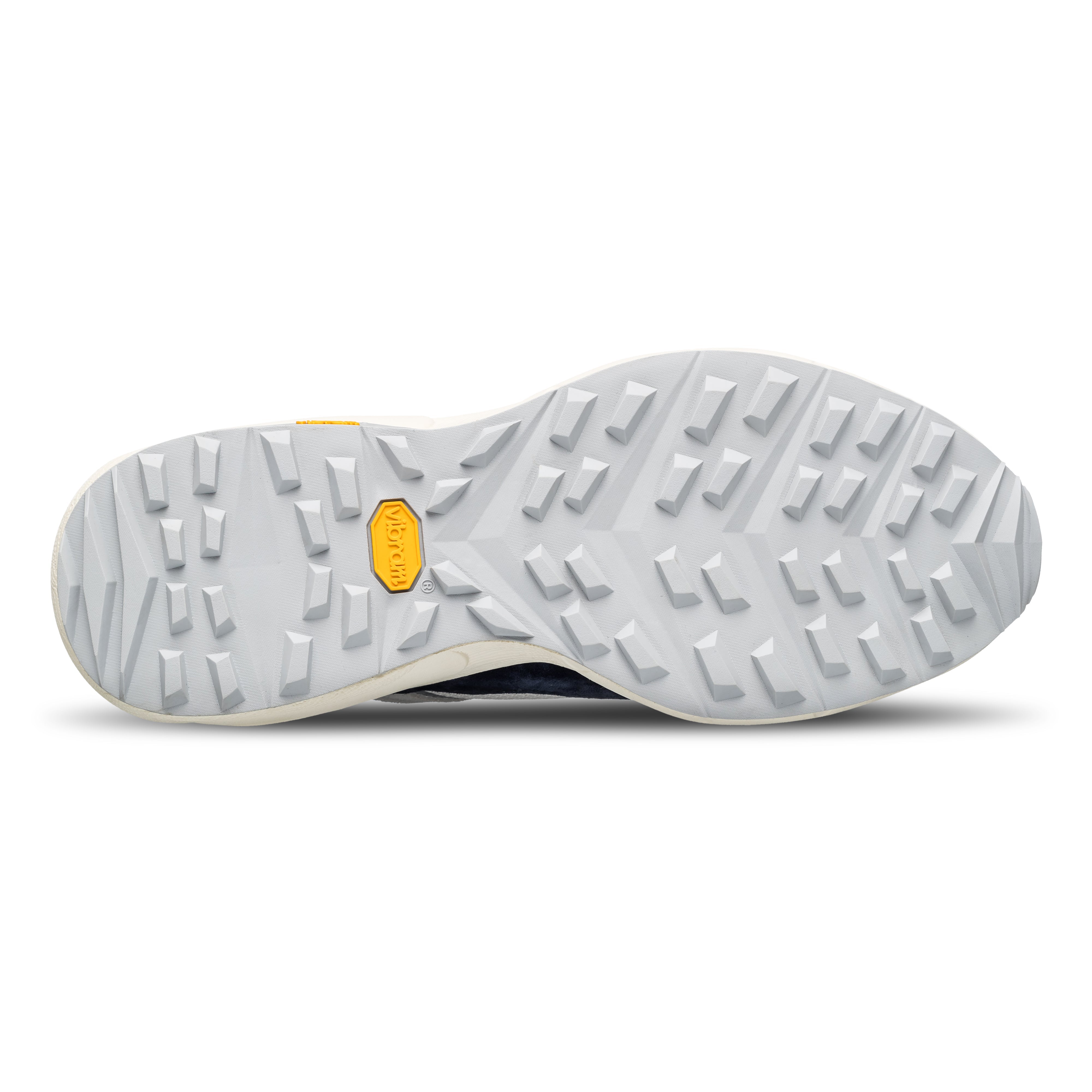 Salazar runner in Off-White Navy with VIBRAM outsole designed for comfort, traction, and durability, sole view.