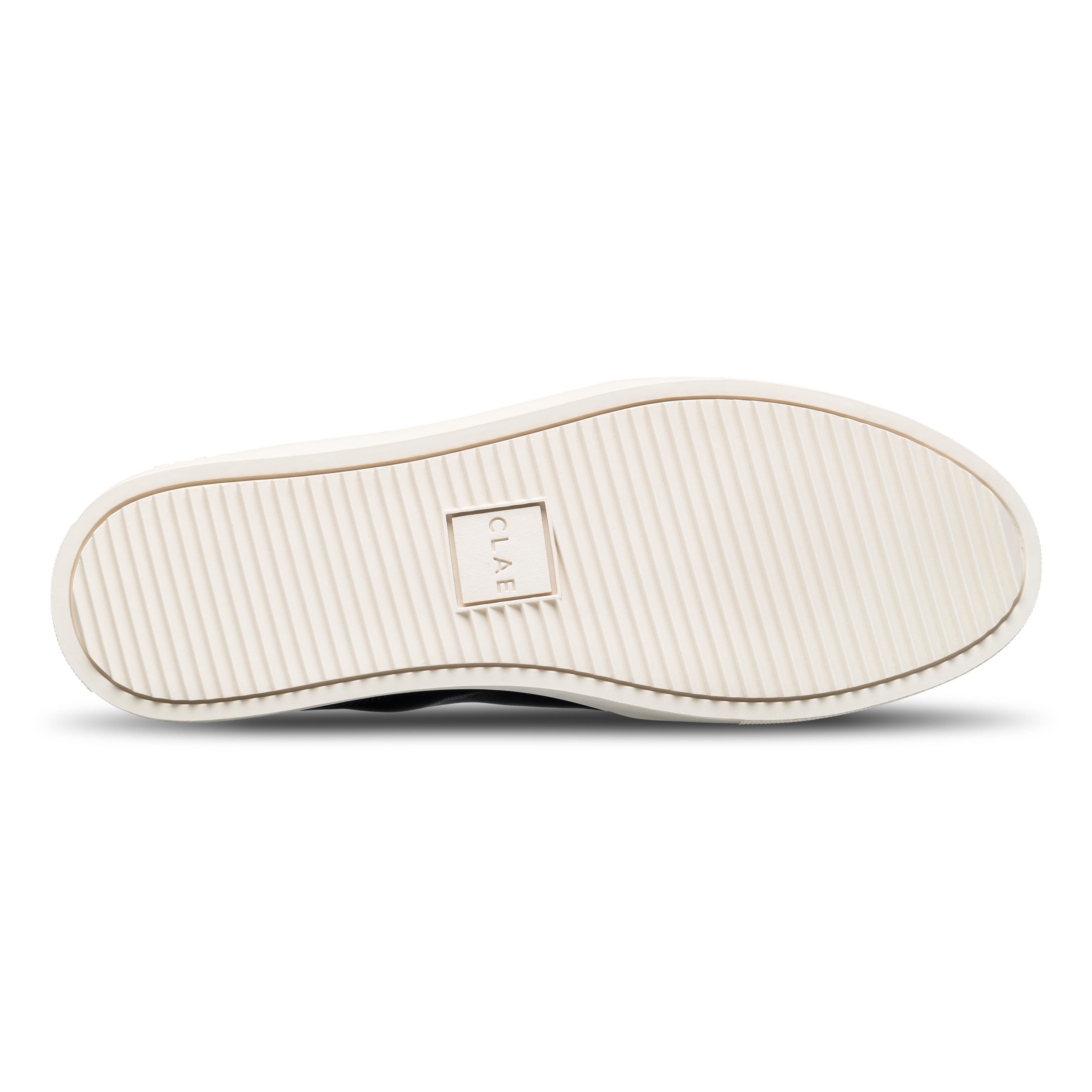 Deane court shoe in Black Off-White with Standard Premium (SP) outsole made of 30% natural rubber, sole view.
