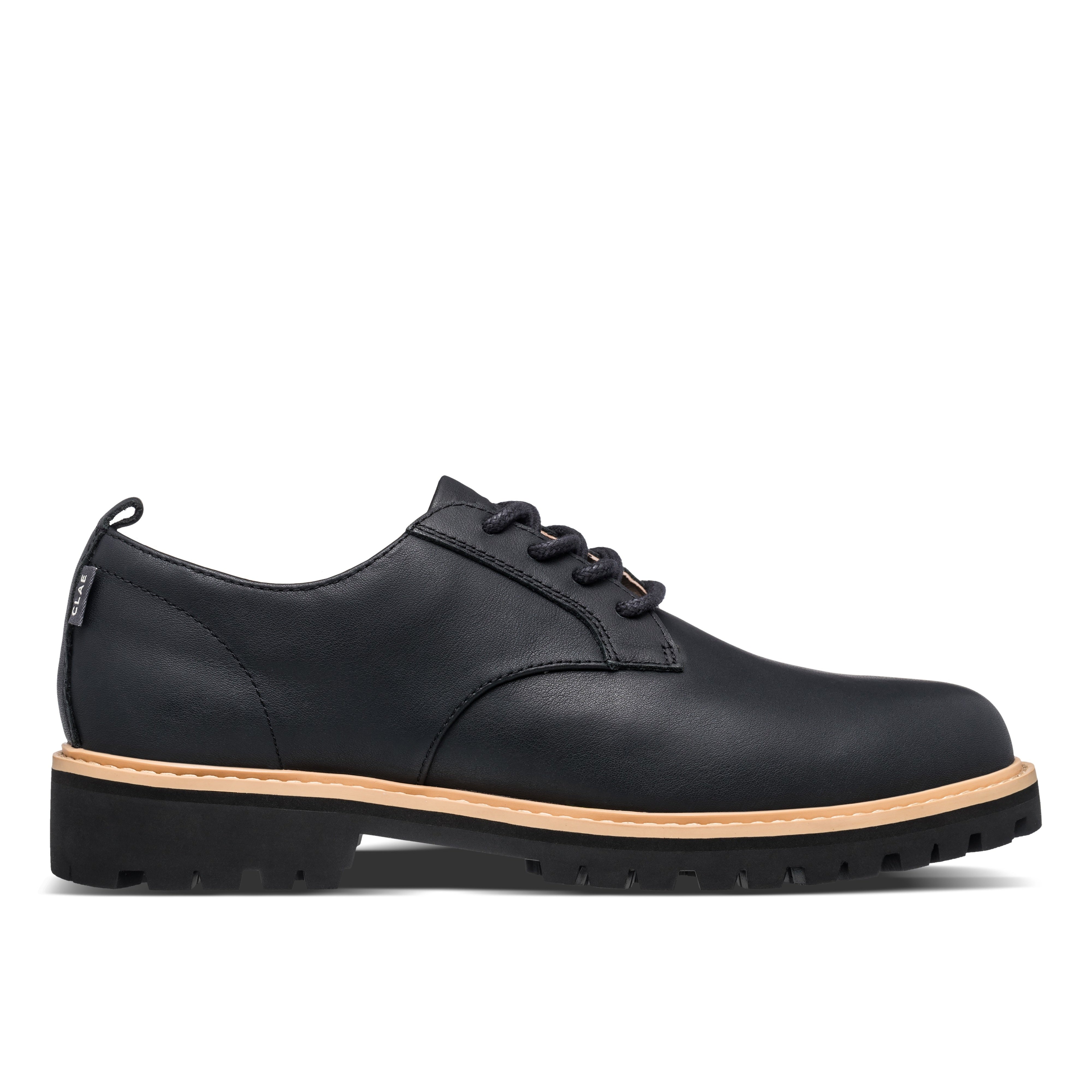 Logan Heritage Collection derby shoe in Black with water-repellent leather upper, combining classic round-toe style with comfort and lug sole construction.