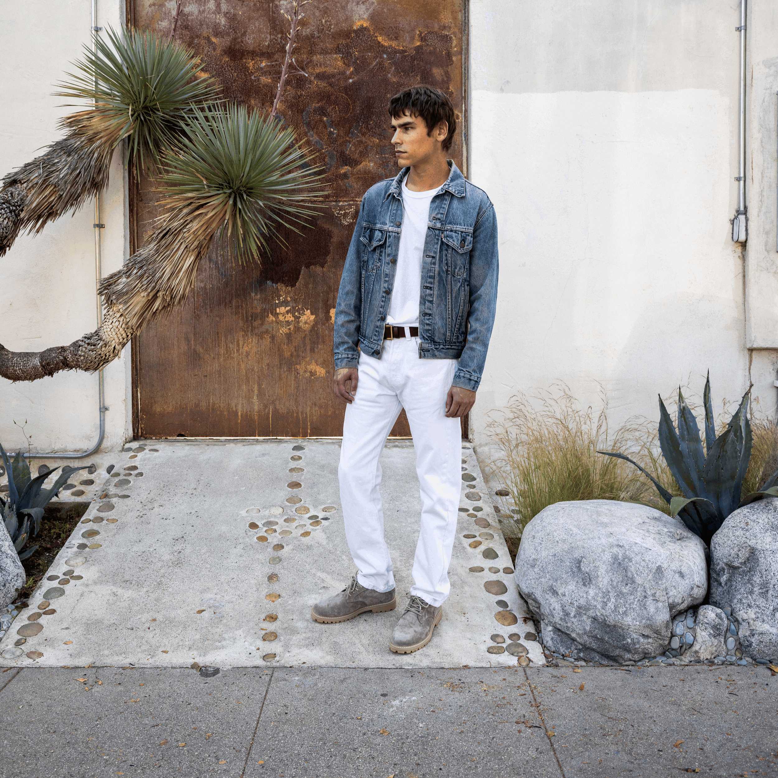 Logan Heritage Collection derby shoe in Silver Mink Suede worn in casual lifestyle setting, highlighting comfort, premium suede, and durable design.